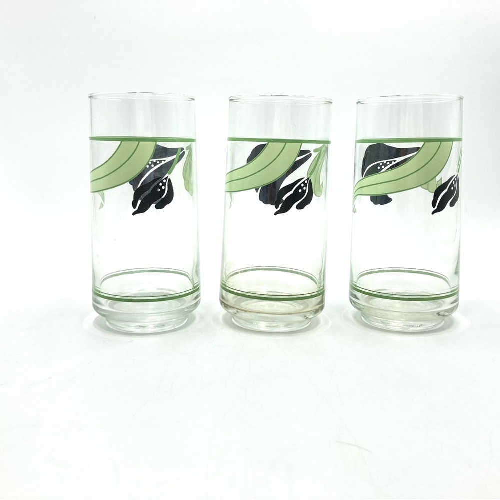80s Black & Green Orchid Lily Water Tumbler Glasses (3) Highball Glasses